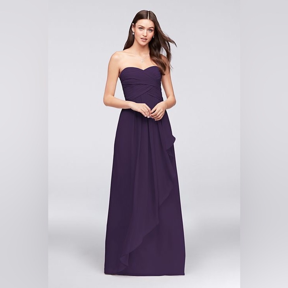 David’s Bridal crinkle chiffon purple strapless dress with cascade skirt